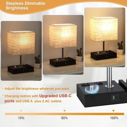 Kakanuo Fully Dimmable Nightstand Lamp for Bedroom with USB C Ports, Grey Small Bedside Table Lamp with Charging Outlets and Phone Stands, Wooden Desk Lamp for Living Room, LED Bulb Included