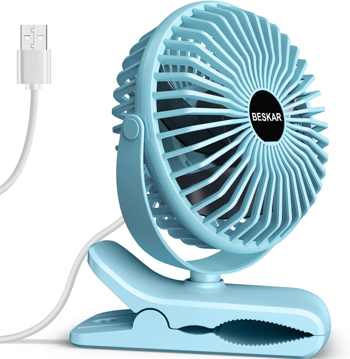 BESKAR Small Clip on Fan, 3 Speeds USB Fans with Strong Airflow, Clip & Desk Fans USB Plug in with Sturdy Clamp - Ultra Quiet operation for Office Dorm Bedroom Stroller
