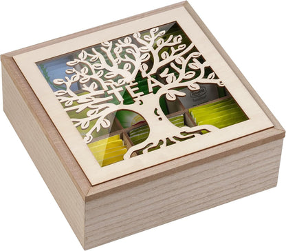 Wood Tea Box Organizer,Tea Organizers and Storage with Tree Pattern,Tea Bag Holder,Decorative Tea Storage Organizer Box,9 Compartments Tea Organizer for Tea Bags Coffee