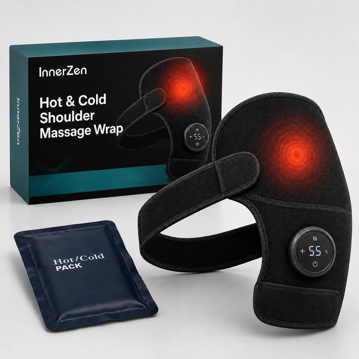 Cordless Shoulder Heating Pad with Vibration & Cold Gel Pack, Heat, Cool&Massage Support Wrap 6 Heat Level, 3 Vibration Mode, Adjustable Neoprene Shoulder Brace for Rotator Cuff Pain Relief Men&Women