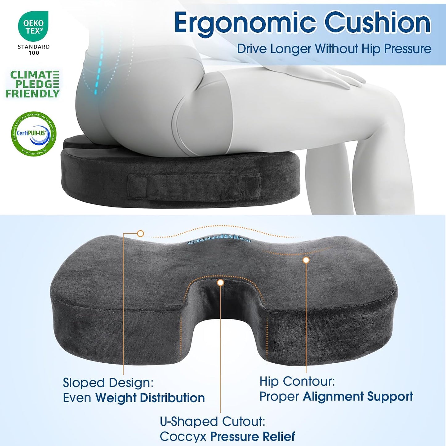 CloudBliss Lumbar Support Pillow & Seat Cushion Set for Office Chair, Desk Chair, Wheelchair & Car – Memory Foam Back Support, Ergonomic Chair Cushions, Sciatica Pain Relief, Home Essentials, Black