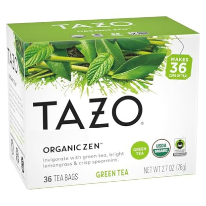 TAZO Organic Zen Green Tea, Caffeinated Tea with Refreshing Lemongrass & Spearmint, 36 Total Bags (Pack of 2)