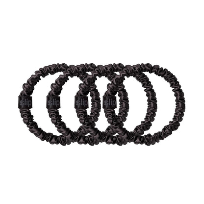 Slip Silk Hair Ties — Skinny Silk Black Scrunchies, No Damage, No Crease, Anti-Breakage |100% Mulberry Silk | All Hair Types | Made with Proprietary Slipsilk™ | Set of 4