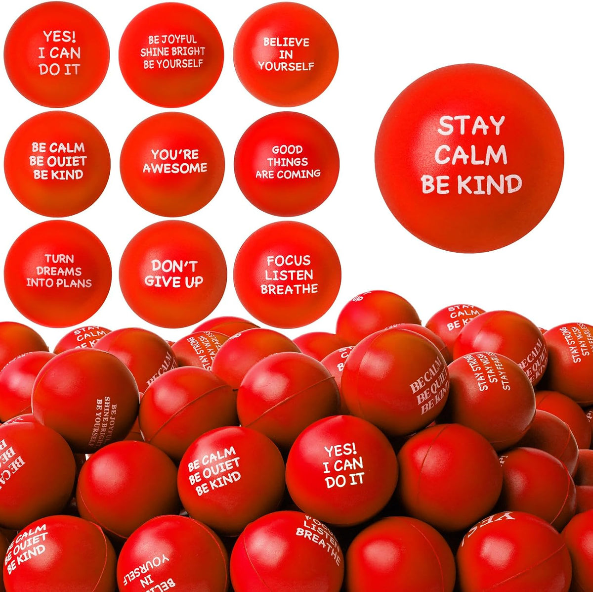 SHQDD 100PCS Motivational Stress Balls for Adults and Kids - Stress Balls Bulk Soft Sponge Squeeze Toys with Inspirational Quotes | Office Classroom Stress Relief Gifts | Anxiety Relief Fidget Toys