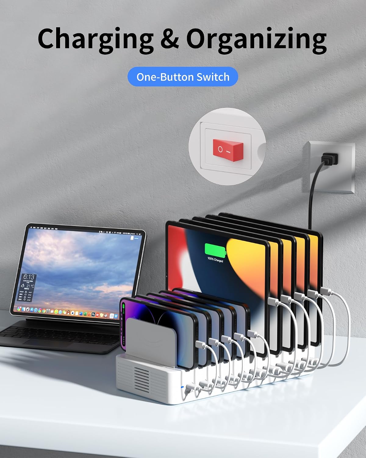 100W Charging Station for Multiple Devices, 10-Port USB Fast Charger, Black