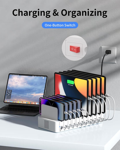 100W Charging Station for Multiple Devices, 10-Port USB Fast Charger, Black