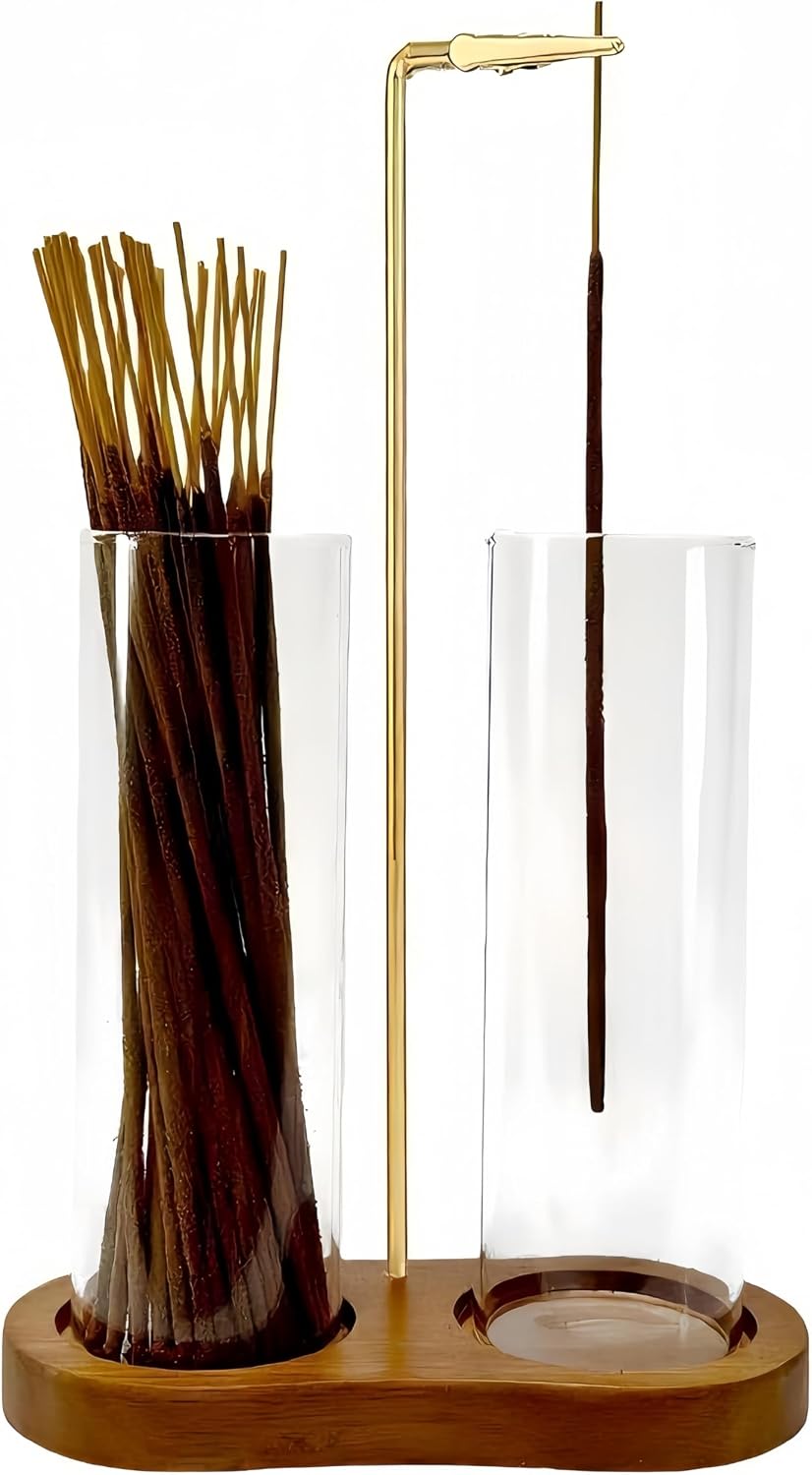 Green Glass Incense Holder, Colorful Incense Sticks Burner Holder with Storage,Hang Upside Down Incense Holder for Sticks with Glass Ash Catcher for Meditation Yoga Spa Room Decor (Green)