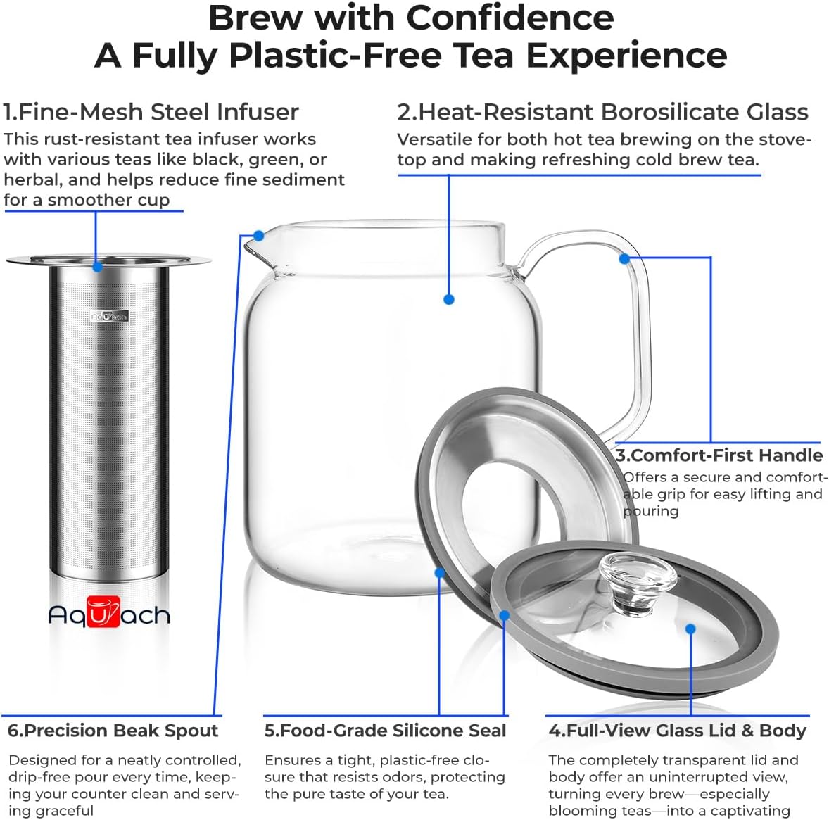 Aquach 68oz Glass Teapot Stovetop Safe with Loose Leaf Tea Steeper | Dishwasher Safe, Borosilicate Glass, Plastic-free, 68oz Family Capacity, Easy-clean Opening, Refrigerator Friendly