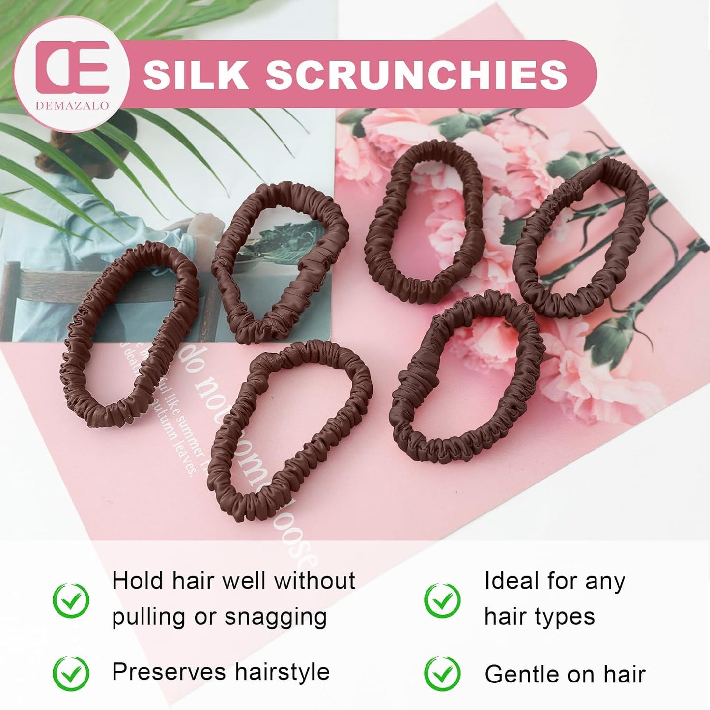 6Pcs Silk Hair Ties 100% Pure Mulberry Silk Scrunchies for Women Girls | No Hair Crease, Anti Frizz, Gentle Hold, No Damage, Black Brown Pink