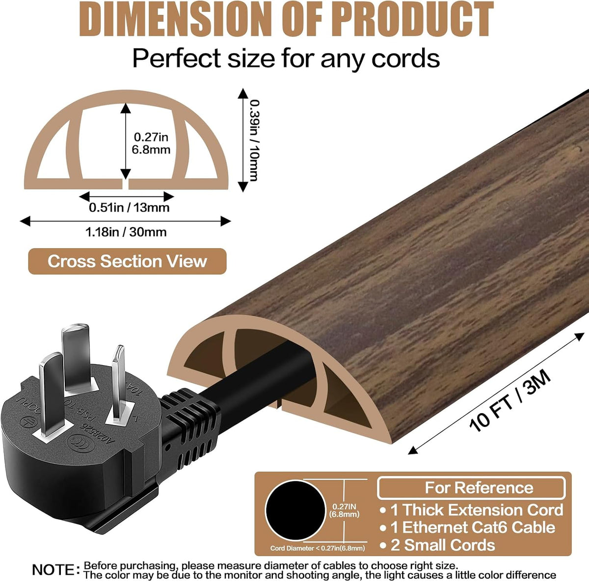 Floor Cord Cover Self Adhesive Cord Hider,10FT Cable Management, Extension Strip Protector for Wires, Prevent Cable Trips for Offices, Gyms, Exhibitions Cavity 0.39"(W) x 0.27"(H) BrownWood