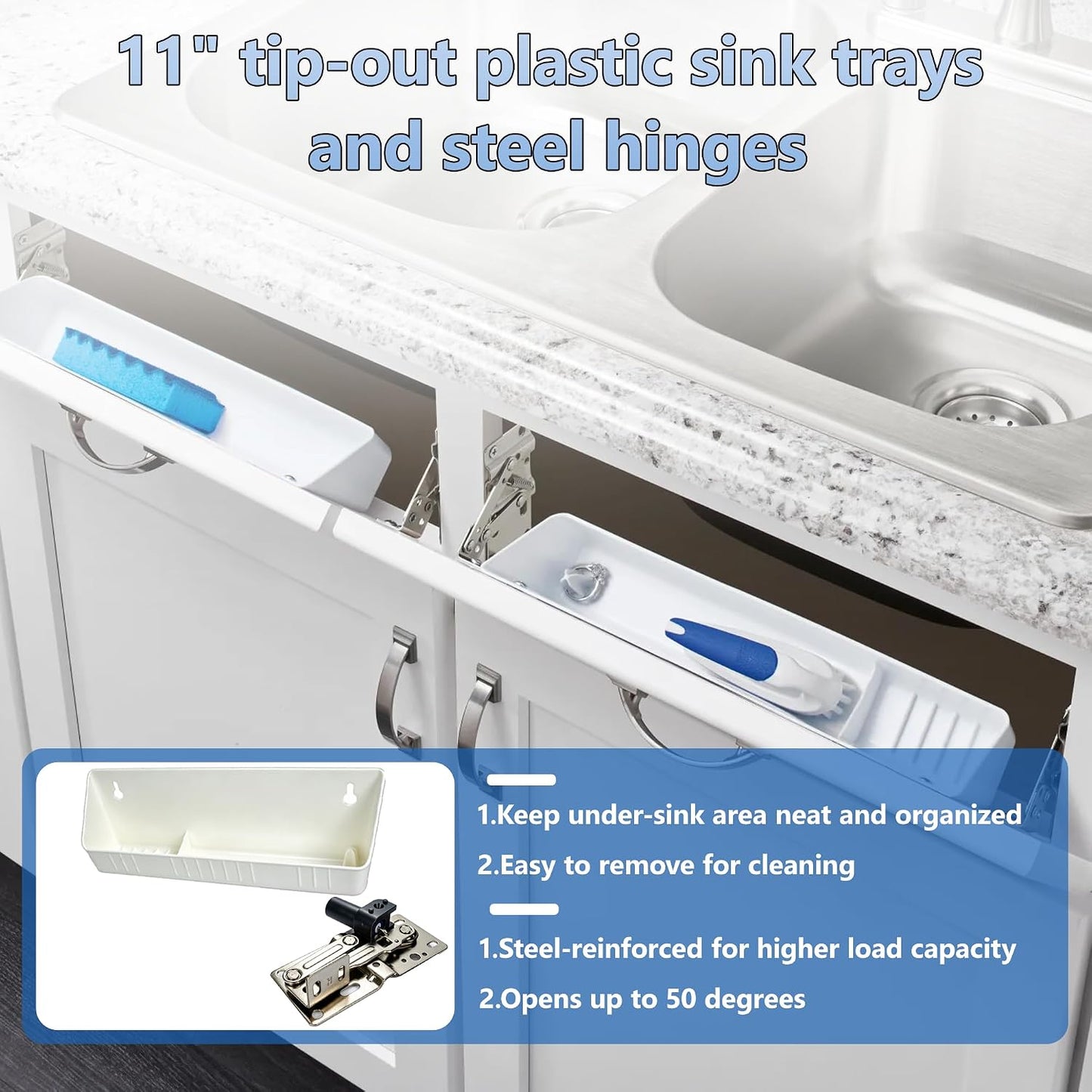 11" Tip-Out Plastic Sink Trays with LD-0220-50SC Steel Hinges | Kitchen Sink Front Tip Out Tray Kit for Bathroom and Kitchen | White (2 Trays & 4 Hinges & Screws Set & 1 Installation Wrench)