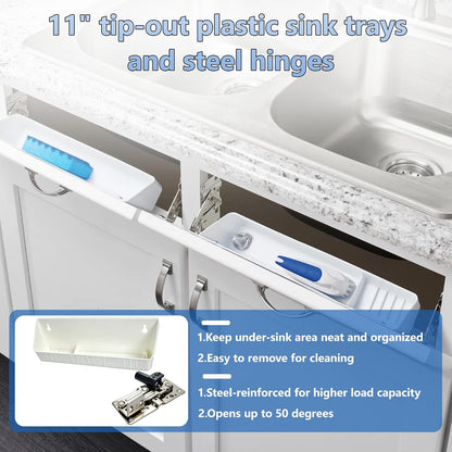 11" Tip-Out Plastic Sink Trays with LD-0220-50SC Steel Hinges | Kitchen Sink Front Tip Out Tray Kit for Bathroom and Kitchen | White (2 Trays & 4 Hinges & Screws Set & 1 Installation Wrench)