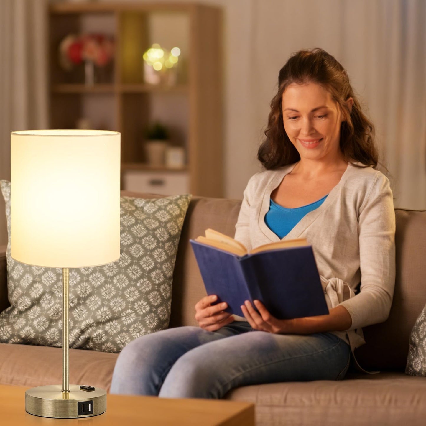 Set of 2 Touch Control Table Lamps with 2 USB & AC Outlet, 3-Way Dimmable Bedside Nightstand Lamps for Bedroom Living Room Nursery, 800 Lumens 5000K Daylight Bulbs Included
