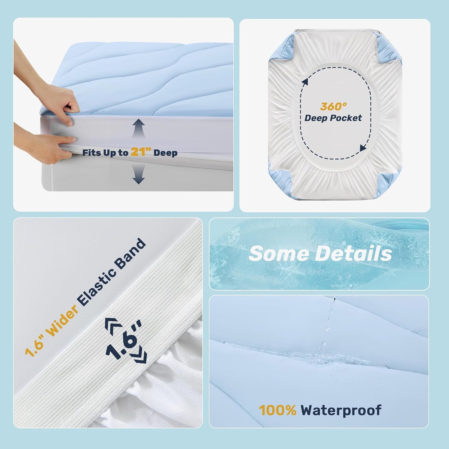 Unikome Ultra Soft Waterproof Mattress Pad King, Cooling Mattress Protector for Hot Sleepers, 5-Layers Noiseless Washable Mattress Cover with 8"-21" Deep Pocket (Light Blue, 78x80)