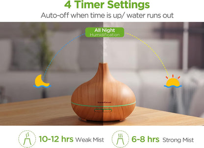 InnoGear Aromatherapy Diffuser & 10 Essential Oils Set, 400ml Diffuser Ultrasonic Diffusers for Home Cool Mist Humidifier with 4 Timers 7 Colors Light Waterless Auto Off, Dark Wood Grain
