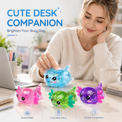 Axolotl Squishy Toy, Cute Glitter Stress Relief Fidget Toy, Soft Squeeze Sensory Toy for Kids Adults, Axolotl Squishy Stress Ball Anxiety Calming Desk Toy Party Favor Handheld Fidget (Yellow)