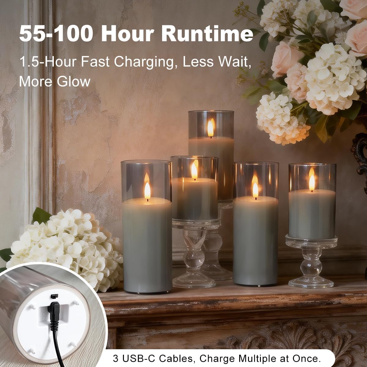 LEDHOLYT Rechargeable Flameless Glass Pillar Candles–Gifts for Women,–Set of 3, Realistic Flickering LED Flame,Remote & Timer, Ideal for Living Room, Bedroom & Halloween Festival Home Party Decor
