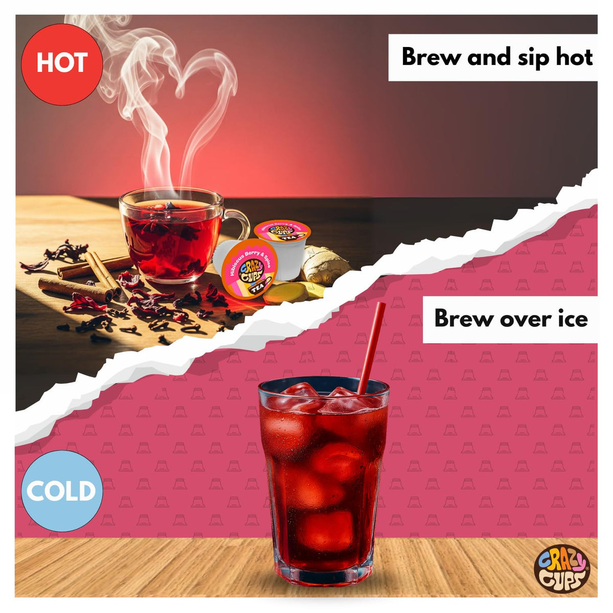 Crazy Cups Hibiscus Berry & Spice Herbal Tea Pods, 22 Count, Kosher Certified, Fruity & Spiced Blend with Cinnamon, Ginger & Clove | K Cup Compatible, Hot or Iced Herbal Tea