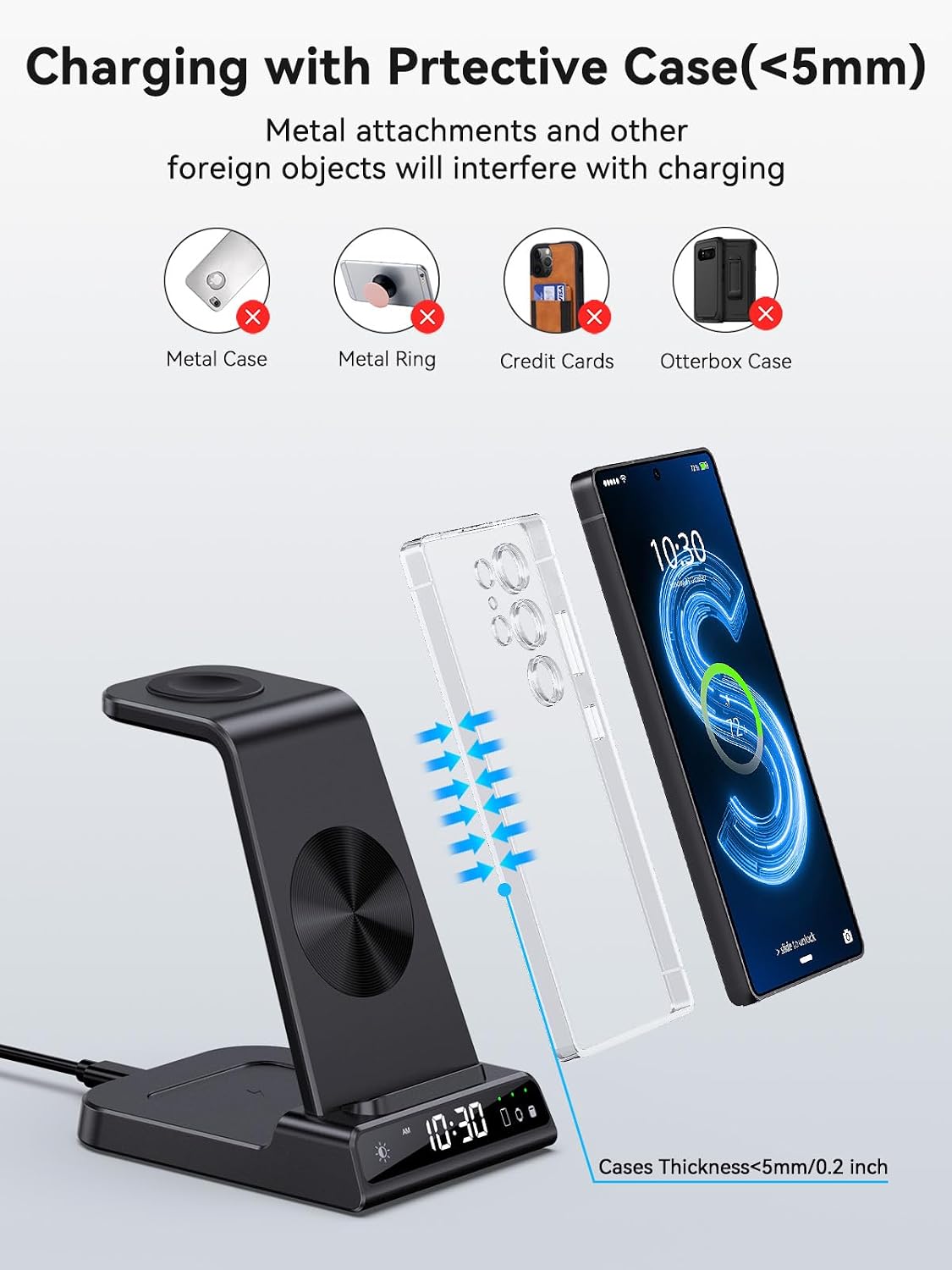 Wireless Charger for Samsung S25 with Clock 3 in 1 Android Charging Station