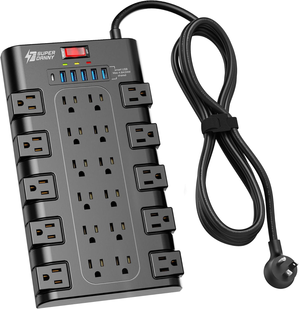 SUPERDANNY Power Strip Surge Protector, 22 AC 6 USB, 2100J, 6.5Ft,1875W/15A