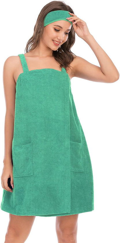 Veseacky Women Bath Wrap Towel for Womens Shower with Pocket Adjustable Spa Robe & Facial Headband