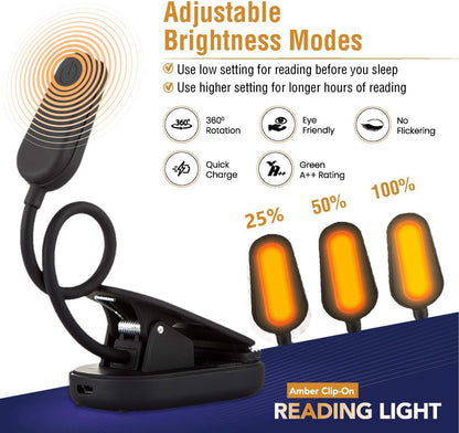 VYANLIGHT Book Light for Reading in Bed, Amber Color Reading Lamp with 360° Rotating Gooseneck, Rechargeable and Dimmable Warm Glow LED Clip-on Light, 1600K Eye Care Portable Light for Readers