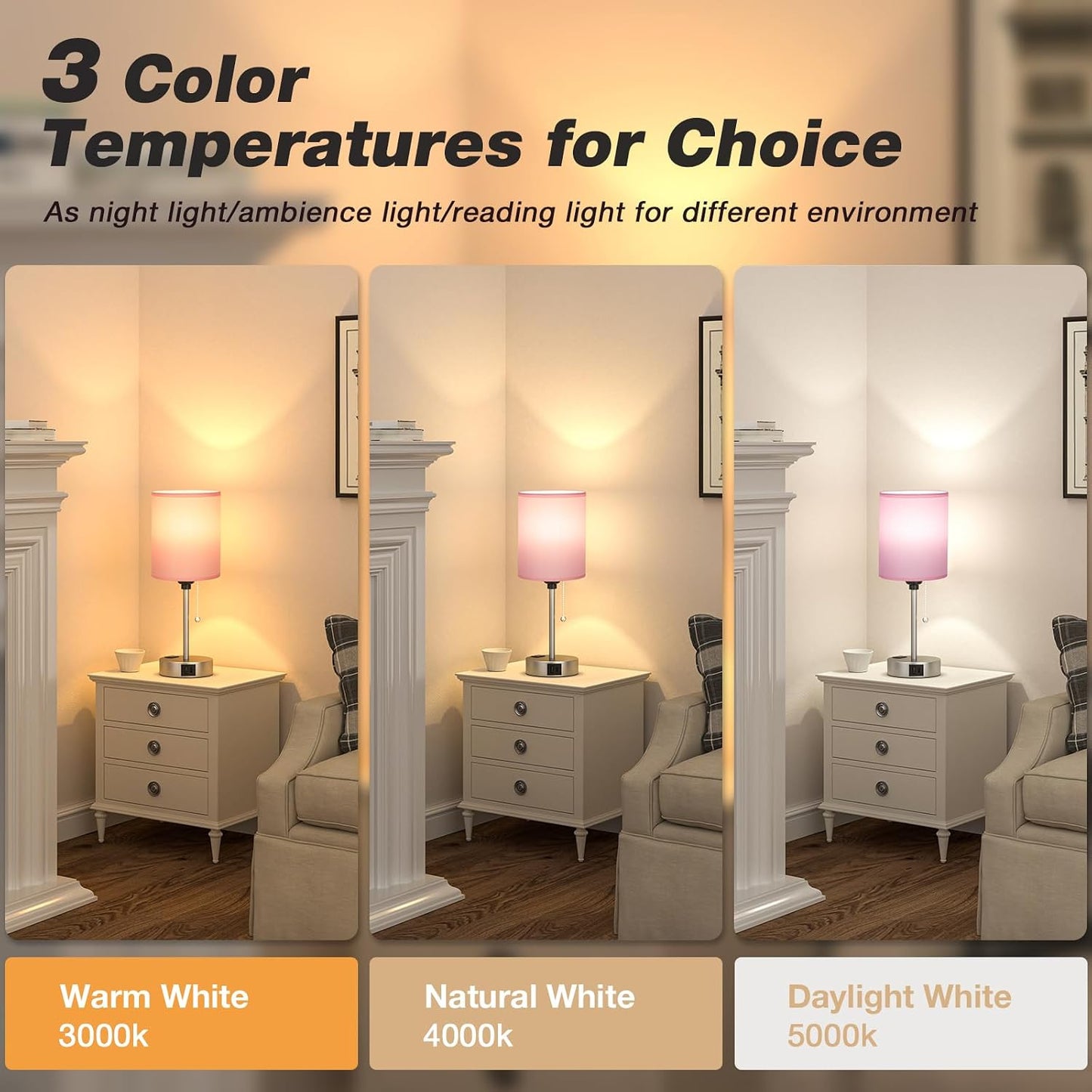 Small Bedside Table lamp for Bedroom - 3 Color Temperatures Bedside Lamps with USB C and A Ports, Pull Chain Table Lamps with AC Outlet, White Nightstand Lamps with Black Metal Base for Kids Reading