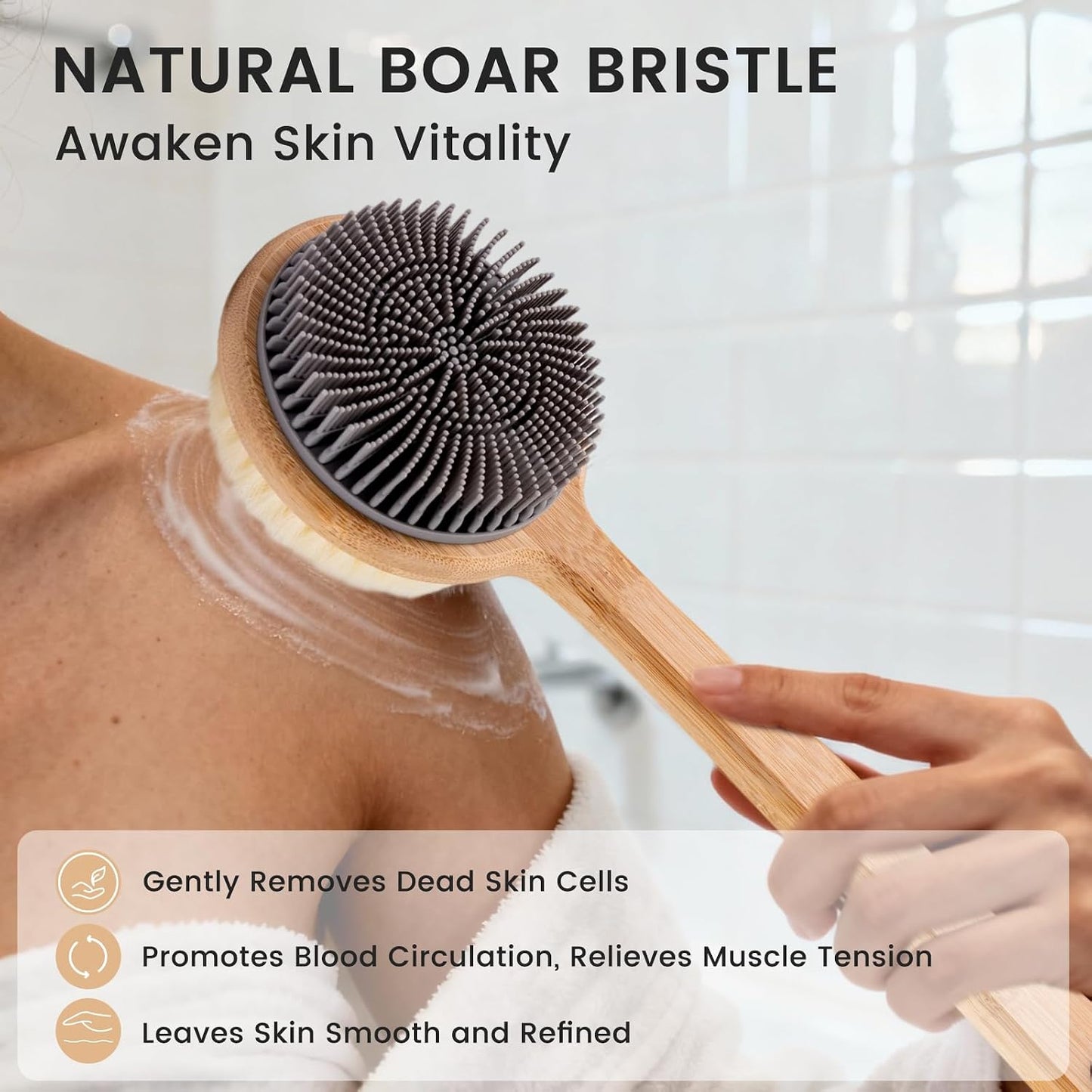 Back Scrubber for Shower，17in Bamboo with Curved Long Handle - Stiff Natural Boar Bristles for Men and Women, Deep Cleansing and Exfoliating, Anti-Slip Grip for Wet or Dry Brushing