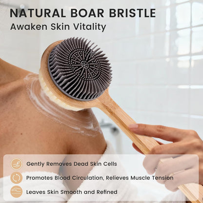 Back Scrubber for Shower，17in Bamboo with Curved Long Handle - Stiff Natural Boar Bristles for Men and Women, Deep Cleansing and Exfoliating, Anti-Slip Grip for Wet or Dry Brushing