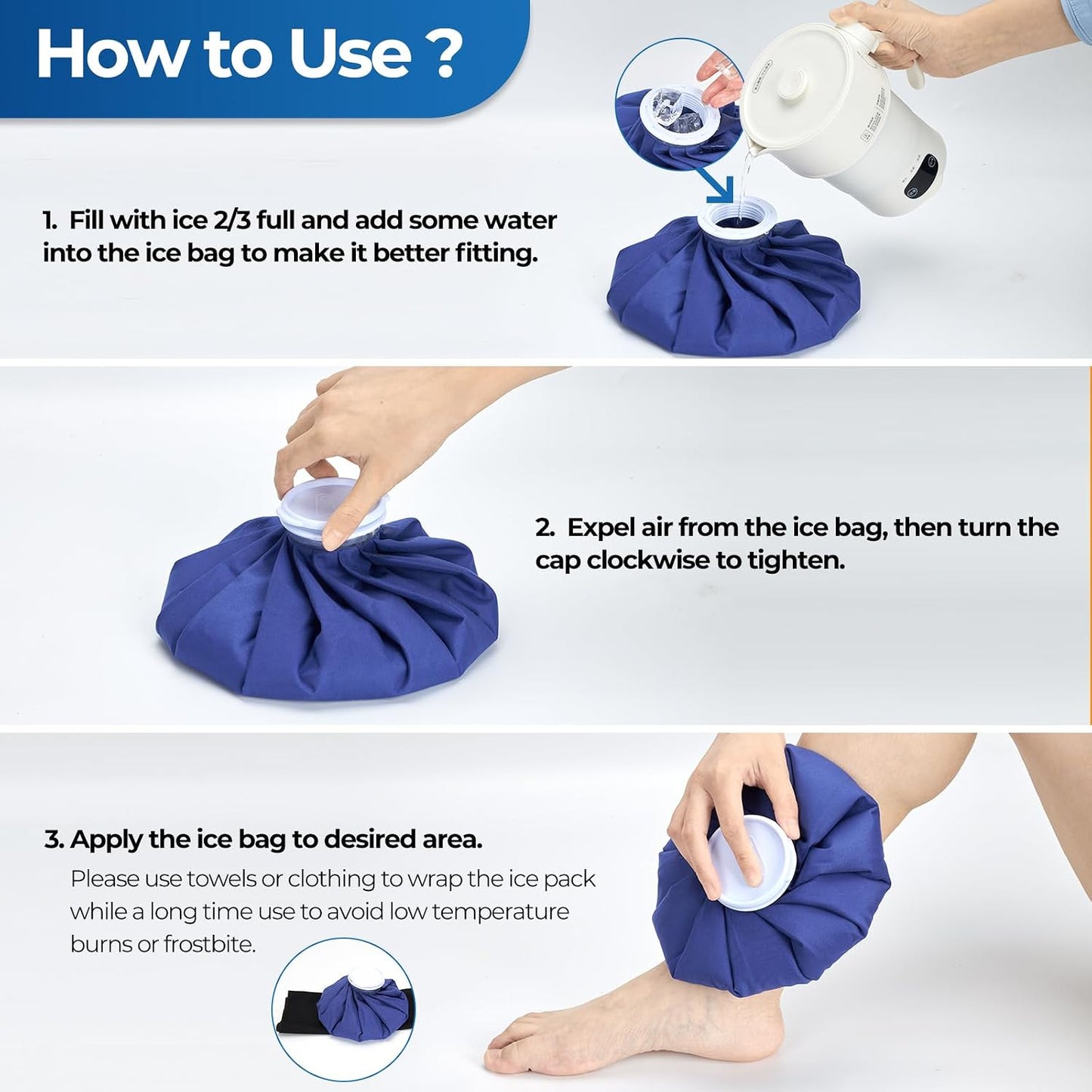 Ice Bags for Injuries Reusable: Ohuhu 3 Packs Ice Cold Packs with Wrap Ice Bag Hot Water Hot & Cold Therapy Pain Relief for Knee Leg Injury No-Leak Waterproof Ice Bags 3 Sizes 6"/9"/11", Blue