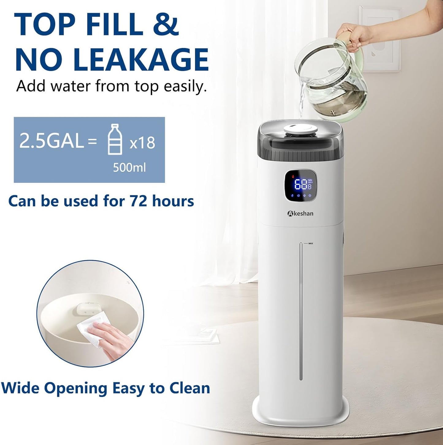Akeshan Large Humidifier for Bedroom, 9L/2.5Gal Ultrasonic Cool Mist, Top Fill Easy Clean with 350ML/H Large Mist Speed, Quiet, Suitable for Kids Room Plant Yoga Office Study Living Room (White S)