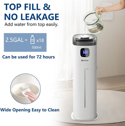 Akeshan Large Humidifiers for Bedroom, 9L/2.5Gal Ultrasonic Cool Mist Humidifier, Top Fill Easy Clean with 350ML/H Large Mist Speed, Quiet, Suitable for Kids Room Plant Yoga Office Study Room Living