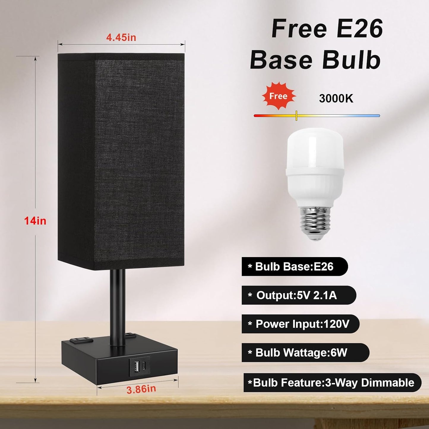 【Upgraded】Bedside Table Lamp Touch Control, with USB C+A Charging Ports & Dual AC Outlets, 3-Way Nightstand Lamp for Bedroom with LampShade Living Room Office(LED Dimmable Bulb Included)