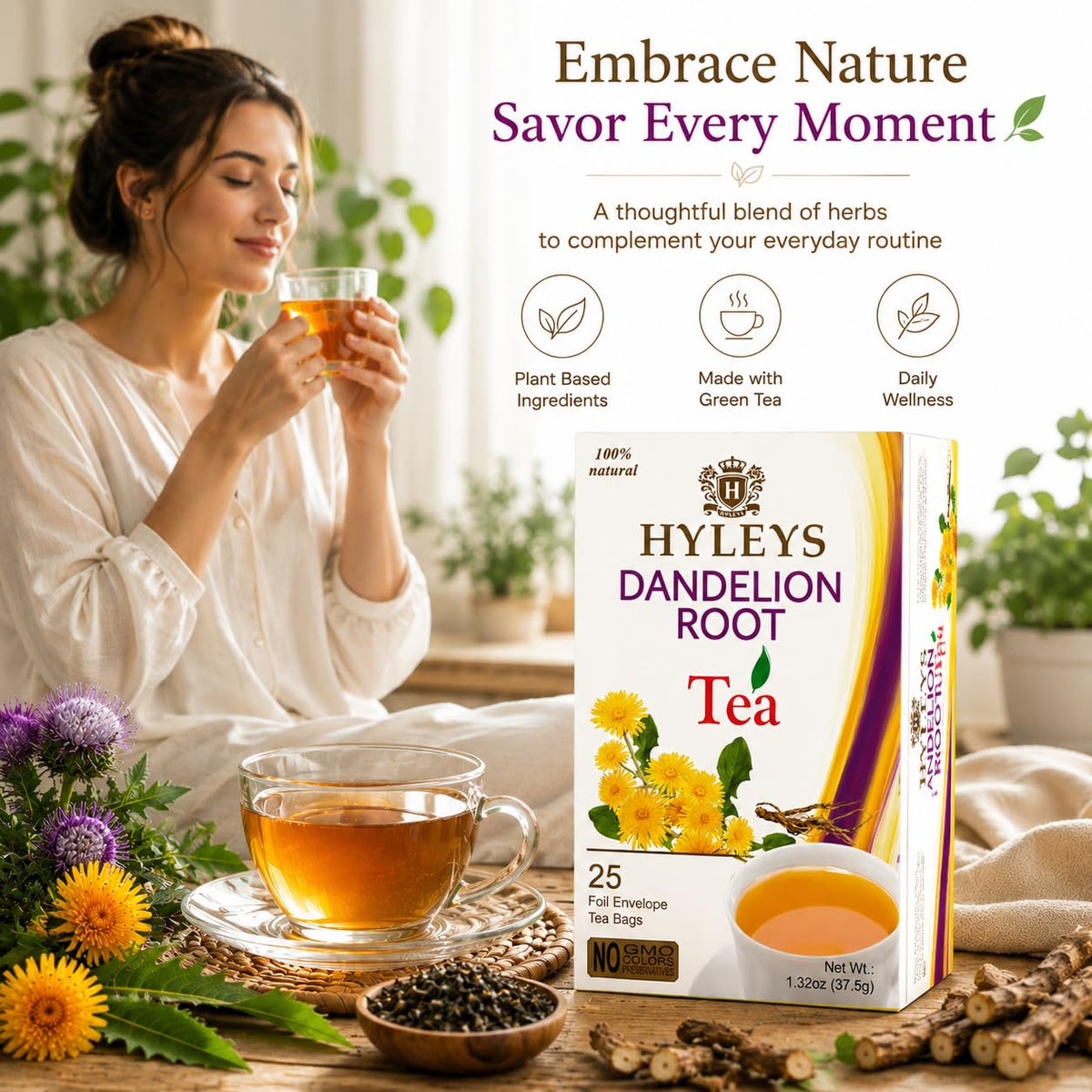 Hyleys Dandelion Root & Green Tea, Detox Blend, Wellness Blend, 25 Tea Bags