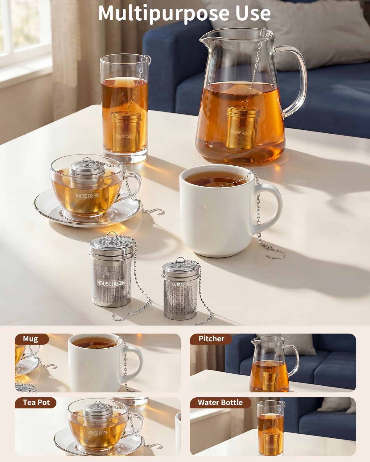 House Again 2 Pack Tea Infuser, Extra Fine Mesh Tea Infusers for Loose Tea, 18/8 Stainless Steel Tea Strainer with Extended Chain Hook, Tea Steeper for Brew Tea, Spices & Seasonings