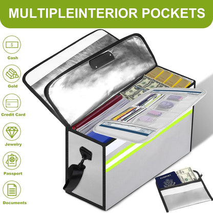 6500°F Fireproof Document Bag with Lock-Fireproof Box with 10 Layers Insulation Materials&Waterproof Zipper,Removable Wallet,Reflective Strip for Cash,Documents,Jewelry(14.2”x 9.6”x 4.1”)