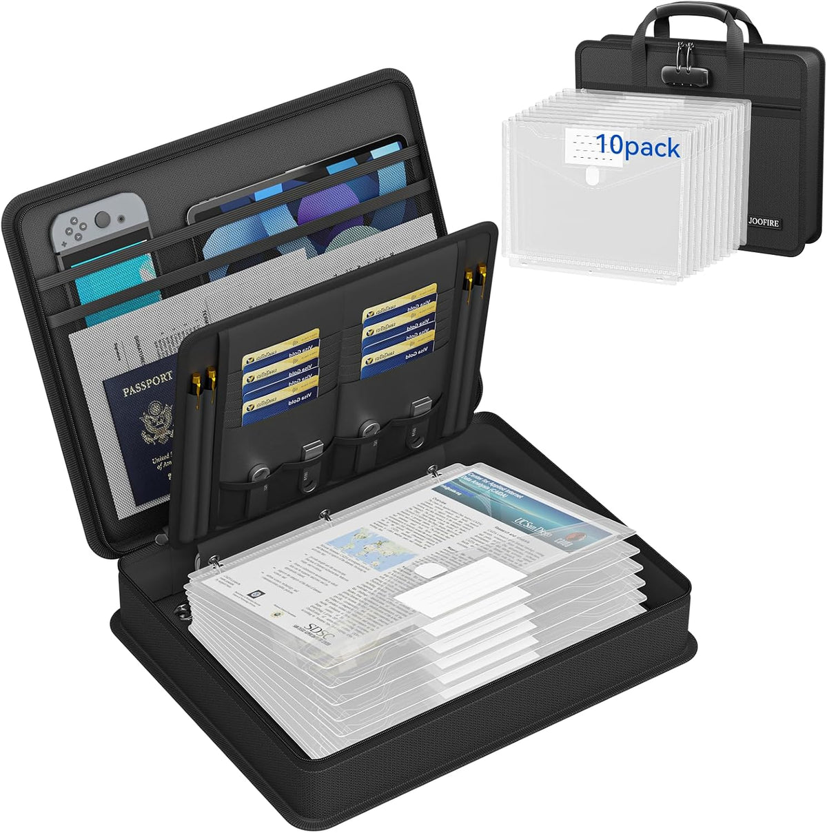 JOOFIRE Fireproof File Organizer with Lock&10 Pack Clear Binder Pockets