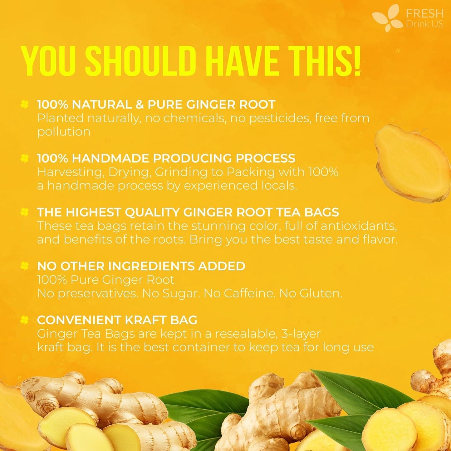 FreshDrinkUS, Premium 150 Lemon Ginger Tea Bags, 100% Natural Ingredients, Hand-made Blend of Lemon and Ginger, Eco-conscious Tea Bags. No Sugar, No Caffeine, Vegan. - Colors C