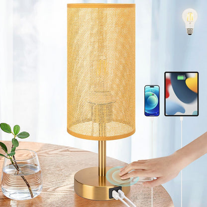 Yarra-Decor Bedside Table Lamp with USB Ports - Touch Control for Bedroom 3 Way Dimmable Nightstand Lamp with Round Fabric Shade for Living Room, Dorm, Home Office, Corded Electric, Without Battery
