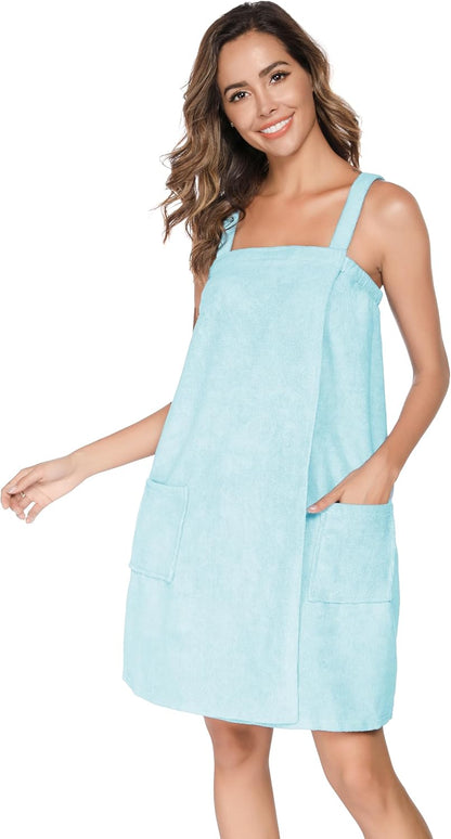 Veseacky Women Bath Wrap Towel for Womens Shower with Pocket Adjustable Spa Robe & Facial Headband