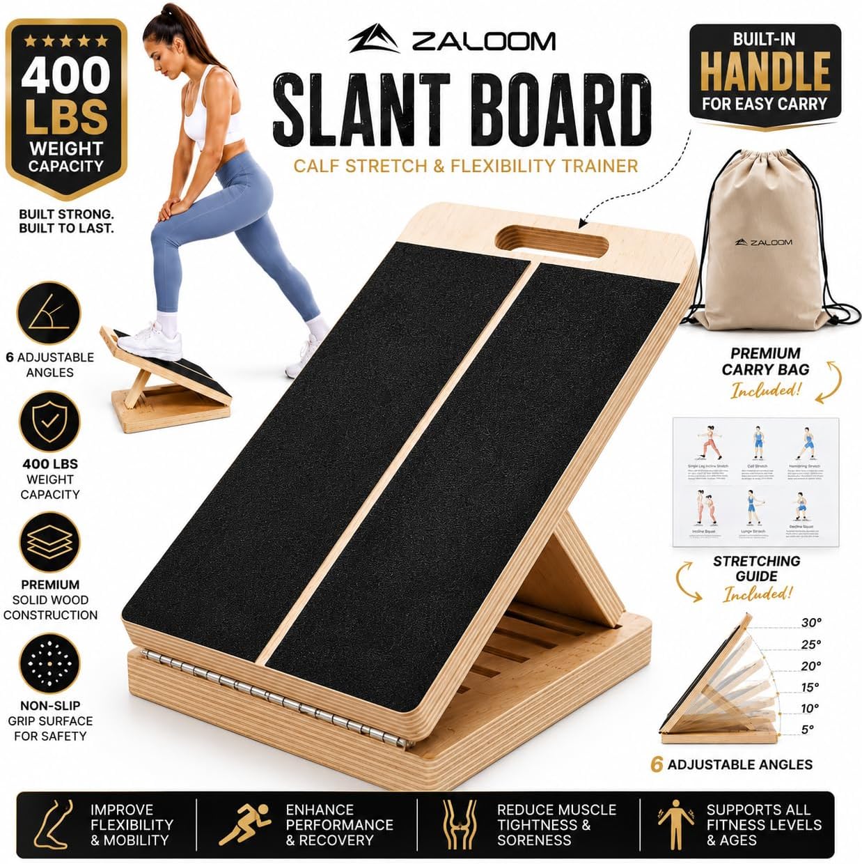 Wooden Slant Board for Calf Stretching - 6 Adjustable Angles, 400 Lbs Capacity Calf Stretcher Slant Board for Squats, Knees, Ankle, Leg, Heel & feet, Squat Wedge & Physical Therapy Equipment