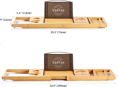 VaeFae Premium Teak Bathtub Tray, Expandable Wooden Bath Tray for Tub, Luxury Bathtub & Bathroom Accessories, Great House Warming, Anniversary & Wedding and Birthday Gifts (Free Teak Body Brush)