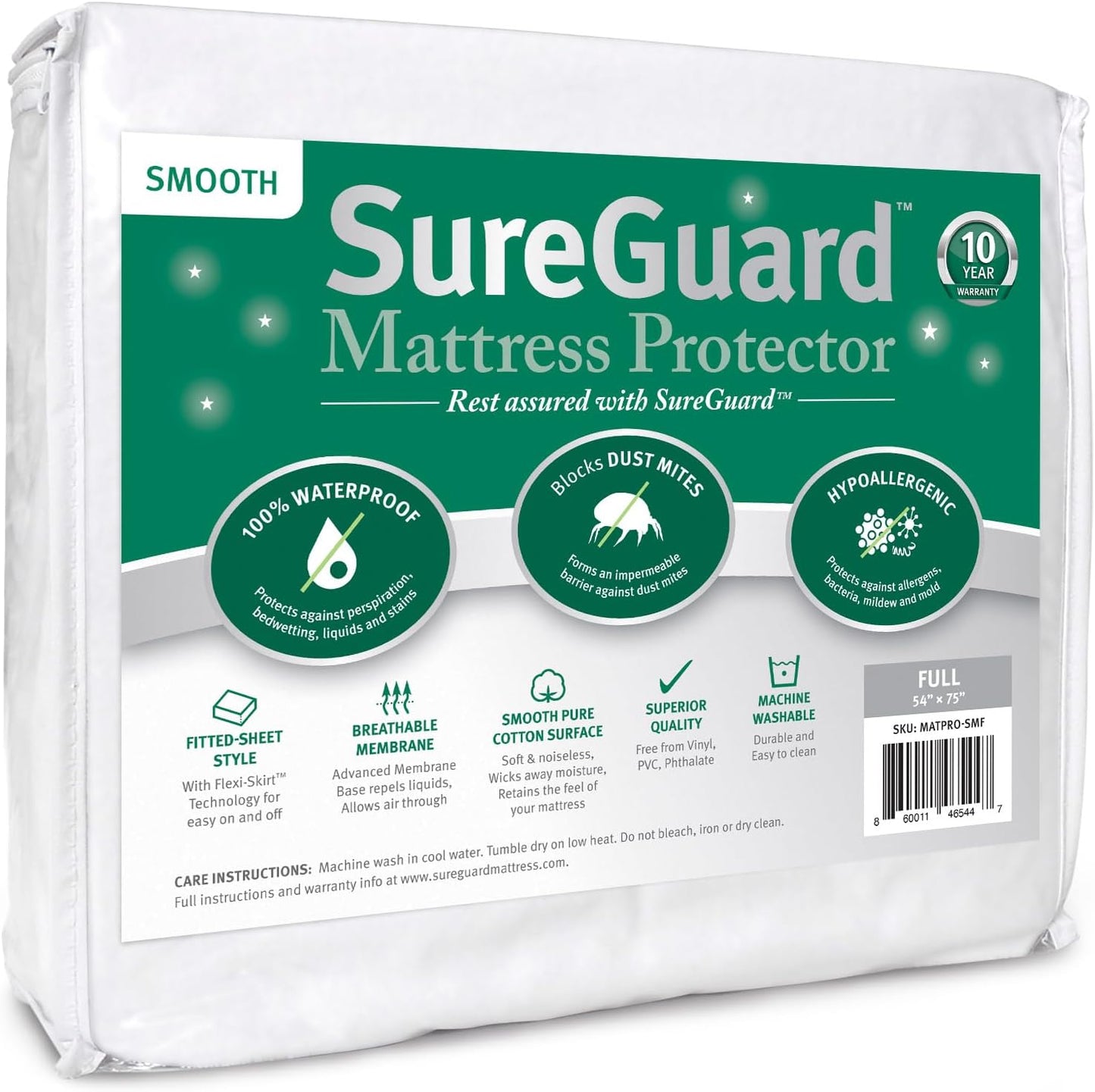 SureGuard Queen Size Mattress Protector - 100% Waterproof, Hypoallergenic - Premium Fitted Cotton Terry Cover White