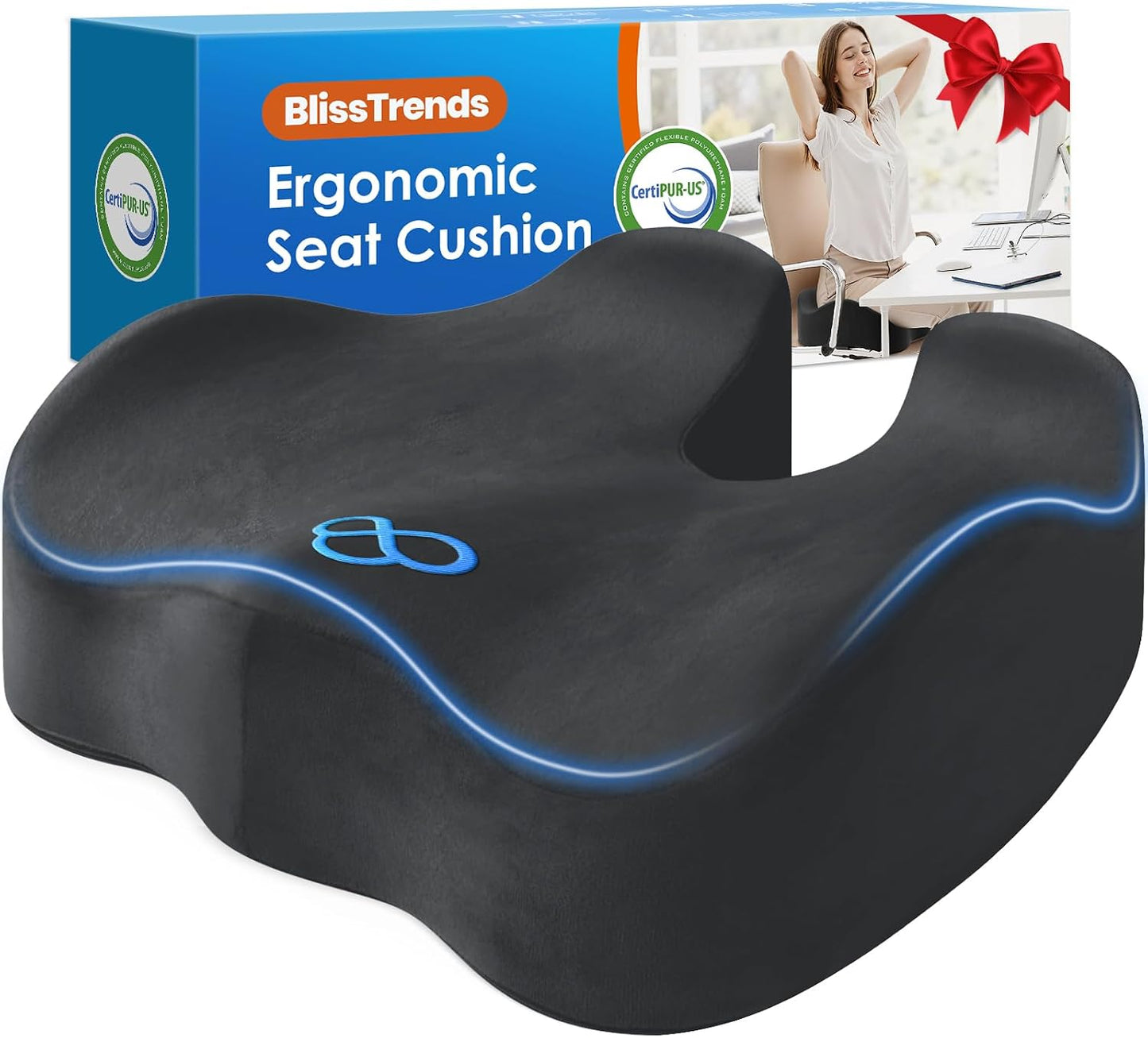 BlissTrends Seat Cushion with Velvet Cover, Thick Memory Foam Cushions for Office Chair, Car Seat, Airplane, Relieving Pressure Tailbone Sciatica Back Pain for Long Sitting, Car Drivers 4.7in Black