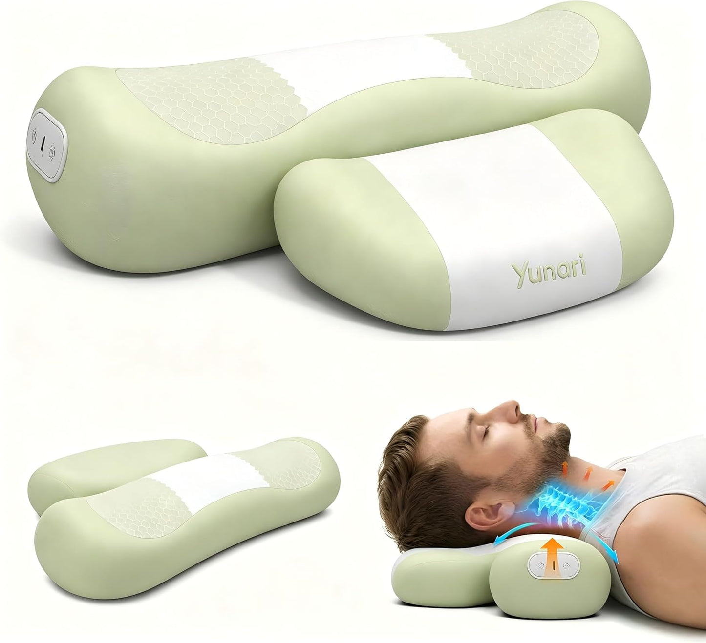 Yunari 3-in-1 Cordless Cervical Neck Support Pillow with Gentle Heat and Airbag Compression, Ergonomic Vibration Pillow for Home, Office and Travel Relaxation (Grey)