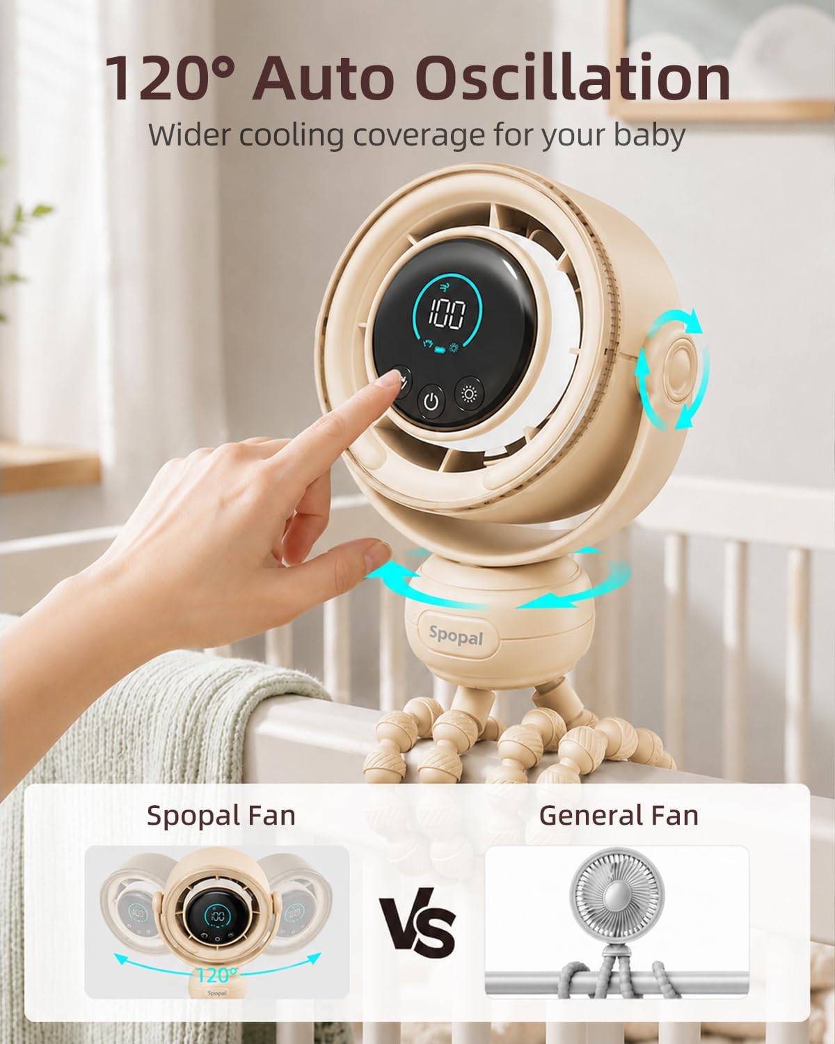 Spopal Portable Baby Stroller Fan, 120° Auto Swing, LED Display- Beige