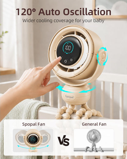 Spopal Portable Baby Stroller Fan, 120° Auto Swing, LED Display- Beige