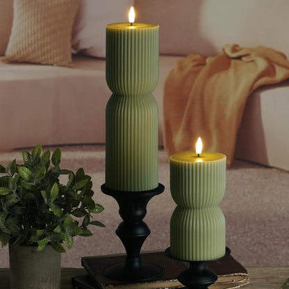 White Ribbed Flameless Pillar Candles with Remote, Real Wax Flickering Battery LED Candles Set of 2