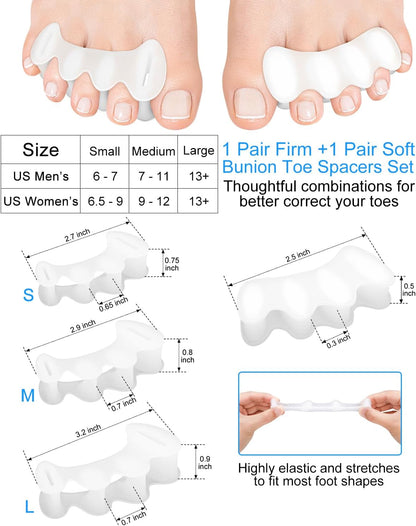 2 Pair Bunion Toe Separators Toe Spacers for Feet Women Men to Correct Their Toes, Foot Alignment, Silicone Toe Spreaders Toe Straightener for Hammertoe, Curled Toes (M, 2 Firm+2 Soft)