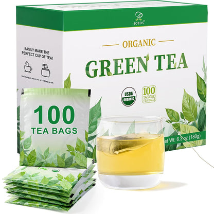 Soeos Organic Green Tea, 6.3 oz (180g), 100 Tea Bags, Refreshing and Fragrant, Sustainably Sourced, Ideal for Hot or Iced Tea, Long-Lasting Freshness